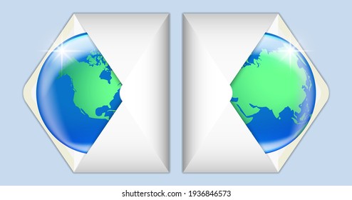 Paper white classic postal envelopes, inside the two bright hemispheres of the planet Earth