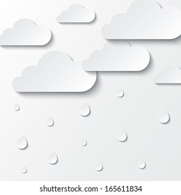Paper white clouds on white background. Paper raindrops. Rainy day. Vector abstract background with clouds and rain. Flat icons.