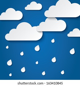 Paper white clouds on blue background. Paper raindrops. Rainy day. Vector abstract background with clouds and rain. Paper drops. Flat icons.