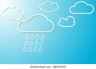 Paper white clouds on blue background. Paper raindrops.Flat icons. vector illustration