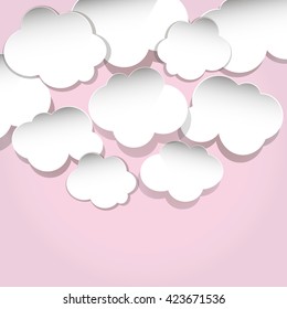 Paper white clouds on a gentle pink background, vector. Dreamy paper white clouds.