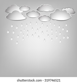 Paper white clouds on . Paper raindrops. Rainy day. Vector abstract background with clouds and rain. Paper drops. Flat icons.