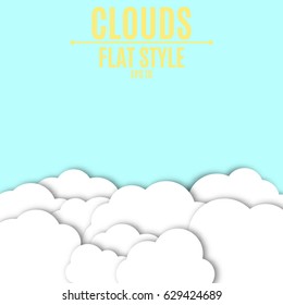 Paper white clouds with shadow. Light blue background for your projects. Empty place for text. Vector illustration in a flat style. EPS 10