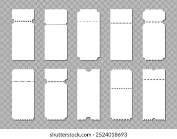 Conjunto de Cupón blanco de papel. Colección de maqueta de boleto de cine. Formulario en blanco para descuento. Vector