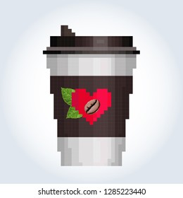 Paper white cup of coffee with a brown label with a heart with coffee bean inside and coffee leaves behind. Coffee to go. Gray-blue gradient background. Pixel art. 