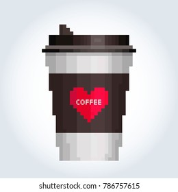 A paper white cup of coffee with a brown label with a heart and an inscription inside - coffee. Gray-blue gradient background. Pixel art.