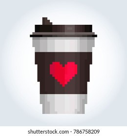 Paper white cup of coffee with a brown label with a heart. Gray-blue gradient background. Pixel art.