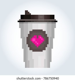 Paper white cup of coffee on a gray-blue gradient background. Round brown label with magenta heart. Pixel art.