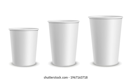 Paper white cups. Container different size cup for drinks, lemonade and juice, hot coffee, tea or ice cream. Empty 3d realistic mockup for branding. Blank plastic packaging vector set