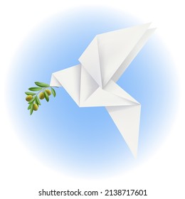 Paper white dove of peace with a branch of olive. Vector 3D illustration