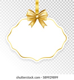 Paper white frame with gold bow isolated on transparent  background. Vector illustration.