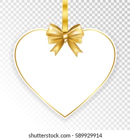 Paper white frame with gold bow isolated on transparent  background. Vector illustration.