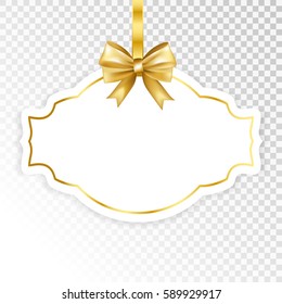 Paper white frame with gold bow isolated on transparent  background. Vector illustration.