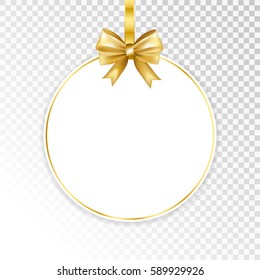 Paper white frame with gold bow isolated on transparent  background. Vector illustration.