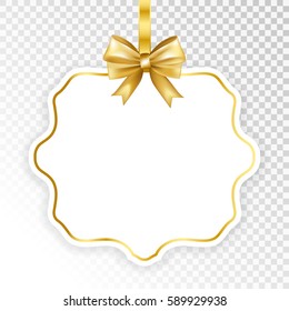 Paper white frame with gold bow isolated on transparent  background. Vector illustration.