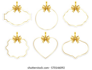 Paper white frame set with gold bow isolated on white background. Vector illustration.