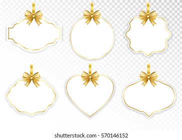 Paper white frame set with gold bow isolated on transparent  background. Vector illustration.