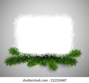 Paper white gift card over green christmas tree branches. Vector illustration. 