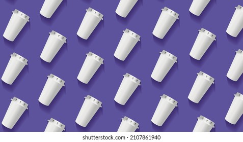 Paper white glass of coffee, tea cup with lid. Seamless patterns on a purple background in the style of Very Peri. copy space. Vector illustration
