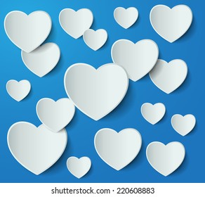 Paper white heart banner with drop shadows on red background. Vector illustration, text box, speech bubble