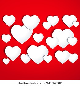 Paper white hearts with drop shadows on red background. Vector eps10 illustration.