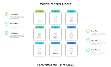 Paper White Matrix Chart With 9 Square Cells With Coordinates Arranged In Rows And Columns. Table Or Grid With Nine Options To Choose. Simple Infographic Design Template. Modern Vector Illustration.