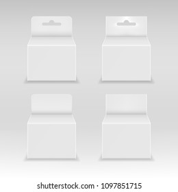 Paper white packaging box with hanging hole. Blank product package template. Vector illustration.