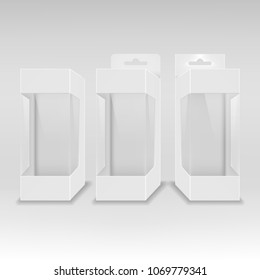 Paper white packaging box with transparent window and hanging hole. Blank product package template. Vector illustration.