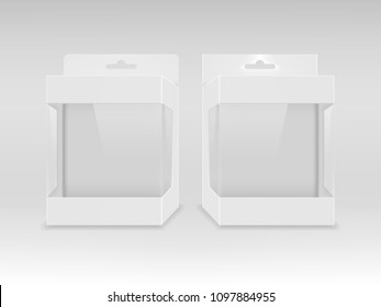 Paper white packaging box with transparent window and hanging hole. Blank product package template. Vector illustration.