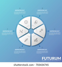 Paper white pie chart consisted of 6 parts with thin line pictograms inside. Concept of statistical data representation. Super clean infographic design layout. Vector illustration for brochure.