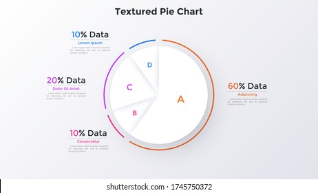 Paper white pie chart divided into 4 sectors and percentage indication. Concept of four parts of business project. Minimal infographic design template. Flat vector illustration for data visualization.