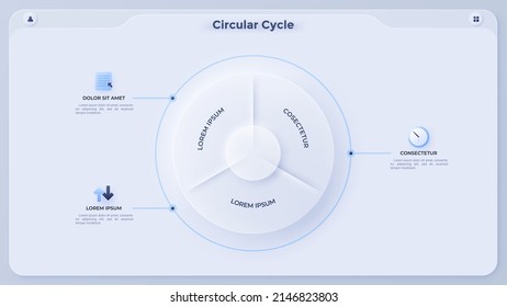 Paper white pie chart divided into three sectors. Concept of 3 parts or features of startup project. Simple infographic design template. Neumorphic vector illustration for business report, banner.