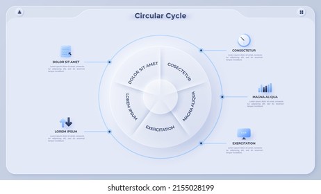 Whitepaper Whitepaper, aufgeteilt in fünf Sektoren. Konzept von 5 Teilen oder Funktionen des Startprojekts. Einfache Infografik-Design-Vorlage. Neumorphe Vektorgrafik für Geschäftsbericht, Banner.