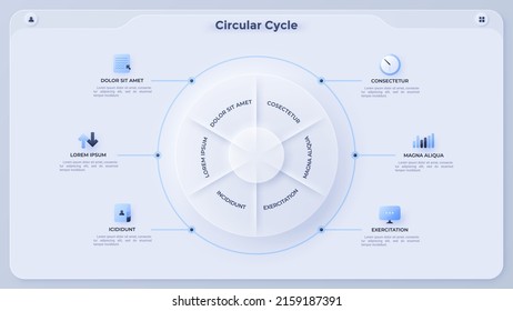 Paper white pie chart divided into six sectors. Concept of 6 parts or features of startup project. Simple infographic design template. Neumorphic vector illustration for business report, banner.