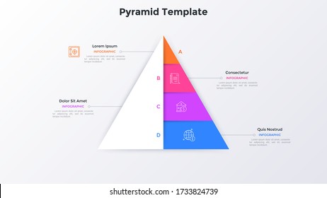 Paper white pyramid with four colorful layers. Concept of 4 stages of business development strategy. Minimal infographic design template. Modern flat vector illustration for presentation, banner.