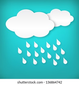 Nubes de lluvia blancas de papel sobre fondo azul. Aislado del fondo. En capas.