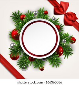 Paper white round gift card with red bow over green christmas tree branches. Vector illustration. 