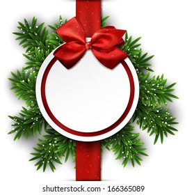 Paper white round gift card with red bow over green christmas tree branches. Vector illustration. 