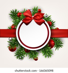 Paper white round gift card with red bow over green christmas tree branches. Vector illustration. 