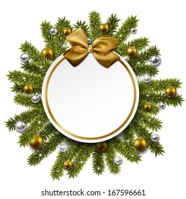 Paper white round gift card with golden bow over green christmas tree branches. Vector illustration.  