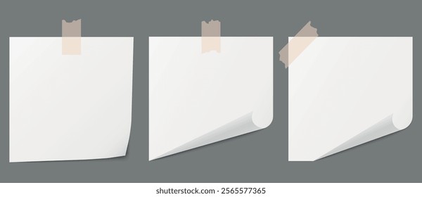 Paper White Stickers, Blank Note Papers, Blank Adhesive Sticker, Curved Corner, Tape, Isolated, Vector