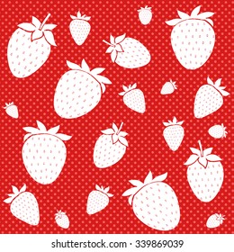 Paper white strawberry on dotted red background. Vector seamless pattern.