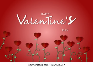 paper white text valentine day background with Hearts. valentines day card with hearts flowers on the red sky.