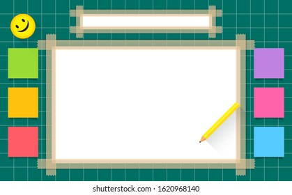 paper white top view blank and copy space text, with grid line pattern green, artistic creative design workspace and pencil, mock-up paper artwork for watercolor paints, back to school or children art