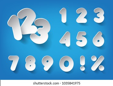 Paper white vector numbers on a blue background. Set of decorative paper alphabet with 3d effect.