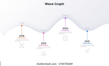 Paper white wave timeline chart with 4 steps and year indication. Concept of four annual milestones of company financial development. Modern infographic design template. Simple vector illustration.