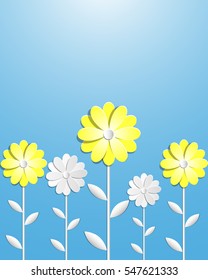 paper white and yellow flowers on white blue vector