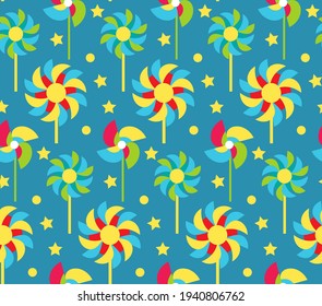 Paper windmill children seamless pattern .Garden windmill summer endless background, texture. Vector illustration