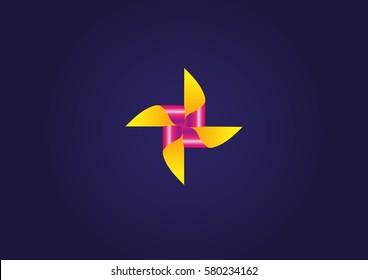 Paper windmill color image logo icon realistic design template on dark violet background