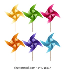 Paper windmill colorful six of set isolated on white background, vector illustration.